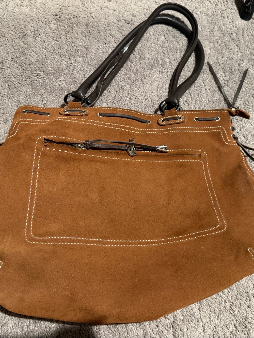 Lacoste Suede Shoulder Bag in Chestnut with Dark Brown Handles